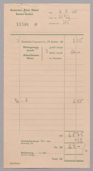 Primary view of object titled '[Invoice for Brenners Park Hotel Charges, September 6, 1955]'.