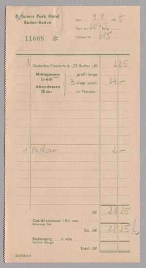Primary view of object titled '[Invoice for Brenners Park Hotel, September 9, 1955]'.