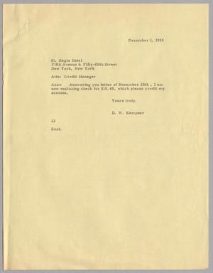 [Letter from D. W. Kempner to St. Regis Hotel, December 1, 1955]