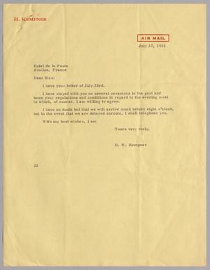 [Letter from D. W. Kempner to Hotel de le Poste, July 27, 1956]