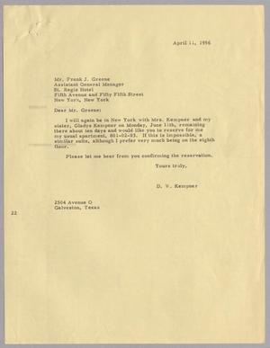 [Letter from D. W. Kempner to Frank J. Greene, April 11, 1956]