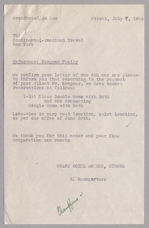 [Letter from H. Baumgartner to Continental-American Travel, July 9, 1956]