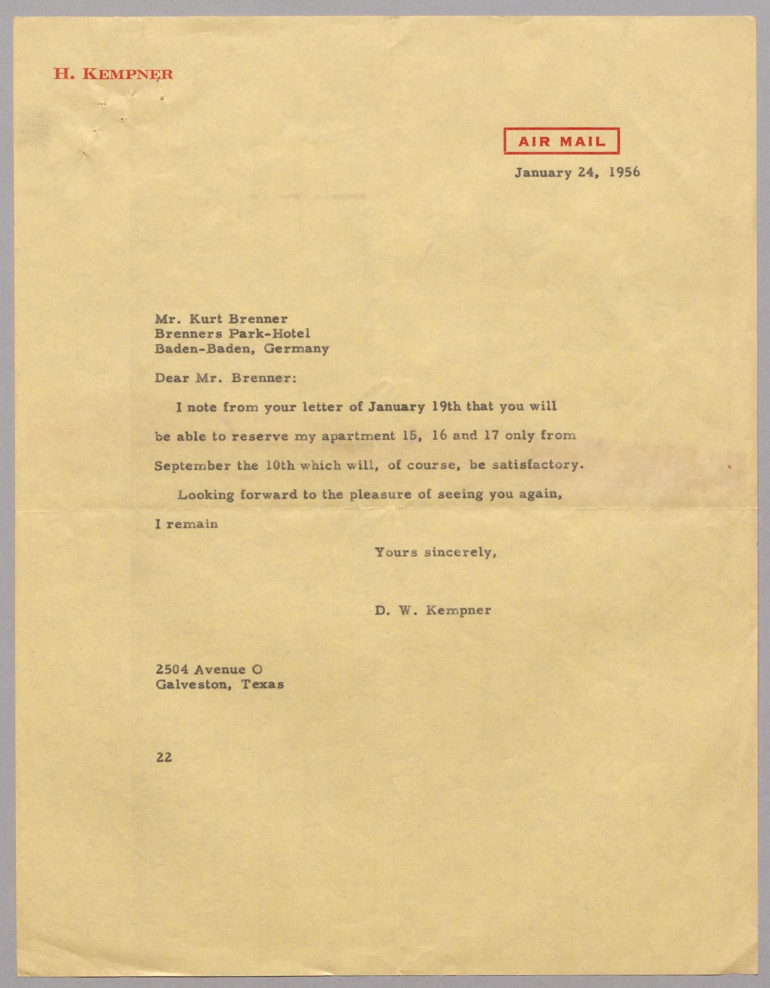 [Letter from D. W. Kempner to Kurt Brenner, January 24, 1956]
                                                
                                                    [Sequence #]: 1 of 2
                                                