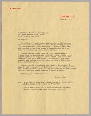 Primary view of object titled '[Letter from Daniel W. Kempner to Continental-American Travel, Inc., April 2, 1956]'.
