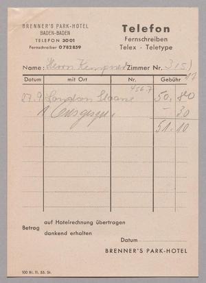 [Telephone Bill for Brenner's Park-Hotel, September 27, 1956]