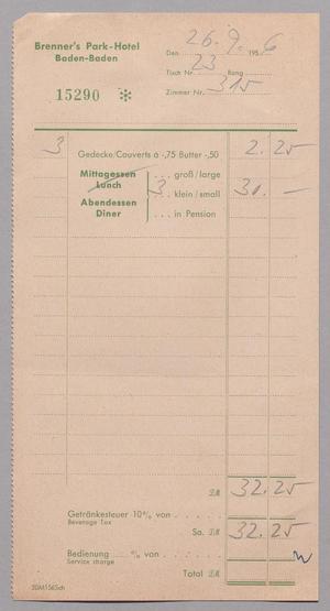 [Invoice for Brenners Park Hotel Charges, September 26, 1956]