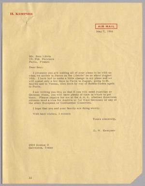 [Letter from D. W. Kempner to Sam Litvin, May 7, 1956]