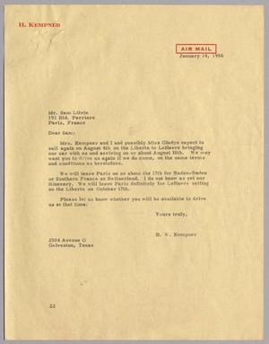 [Letter from D. W. Kempner to Sam Litvin, January 14, 1956]
