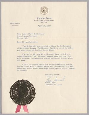 [Letter from Price Daniel to James Davis Zellerbach, April 25, 1957]