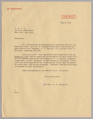 [Letter from Mrs. D. W. Kempner to Y. M. C. A., July 2, 1957]