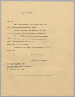 [Letter from Jeane Kempner to W. J. Sheridan, April 17, 1957]