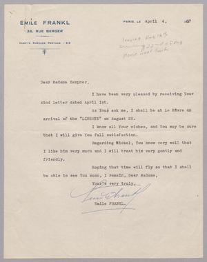 [Letter from Emile Frankl. to Jeane Kempner, April 4, 1957]