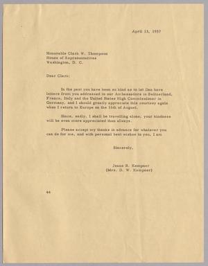Primary view of object titled '[Letter from Jeane B. Kempner to Clark W. Thompson, April 13, 1957]'.