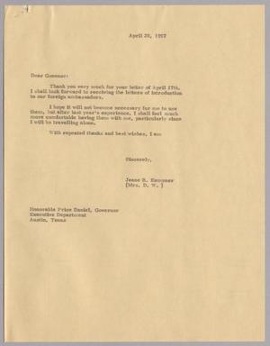 [Letter from Jeane B. Kempner to Price Daniel, April 20, 1957]