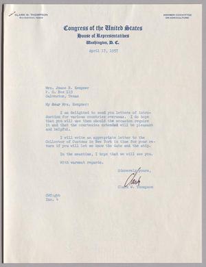 [Letter from Clark W. Thompson to Mrs. Jeane B. Kempner, April 17, 1957]