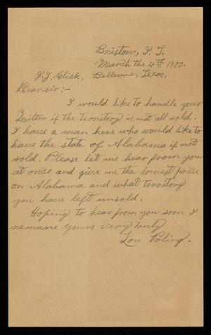 Primary view of object titled '[Letter from Lon Poling to J. J. Click - March 4, 1900]'.