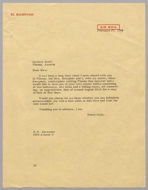 [Letter from D. W. Kempner to Sachers Hotel, February 27, 1956]