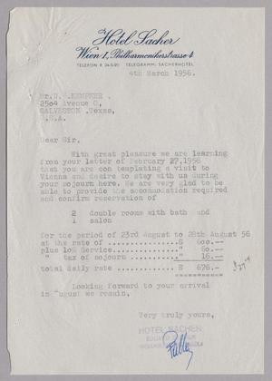 [Letter from Hotel Sacher to D. W. Kempner, March 4, 1956]