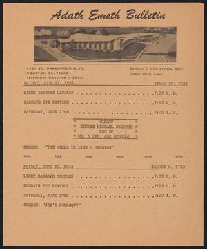 Primary view of object titled 'Adath Emeth Bulletin, June 21, 1963'.