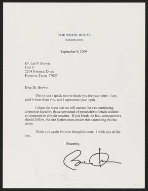 Primary view of object titled '[Letter from Barack Obama to Lee P. Brown, September 9, 2009]'.