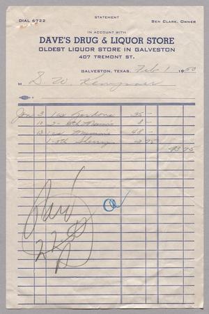 [Account Statement for Dave's Drug & Liquor Store, February 1, 1950]