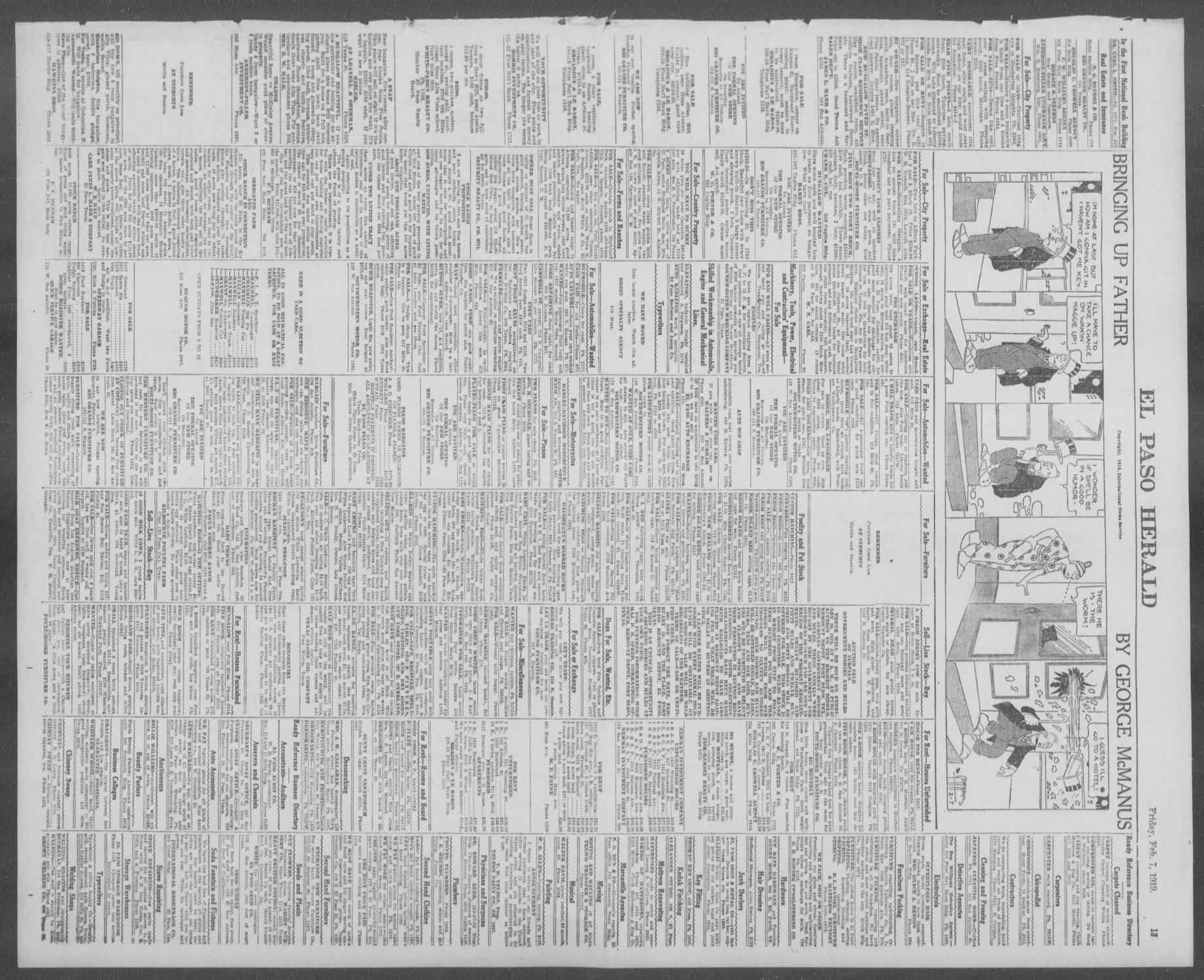 El Paso Herald (El Paso, Tex.), Ed. 1, Friday, February 7, 1919
                                                
                                                    [Sequence #]: 13 of 14
                                                