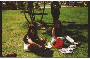 Primary view of object titled '[Individuals sitting on grass at PACfest]'.