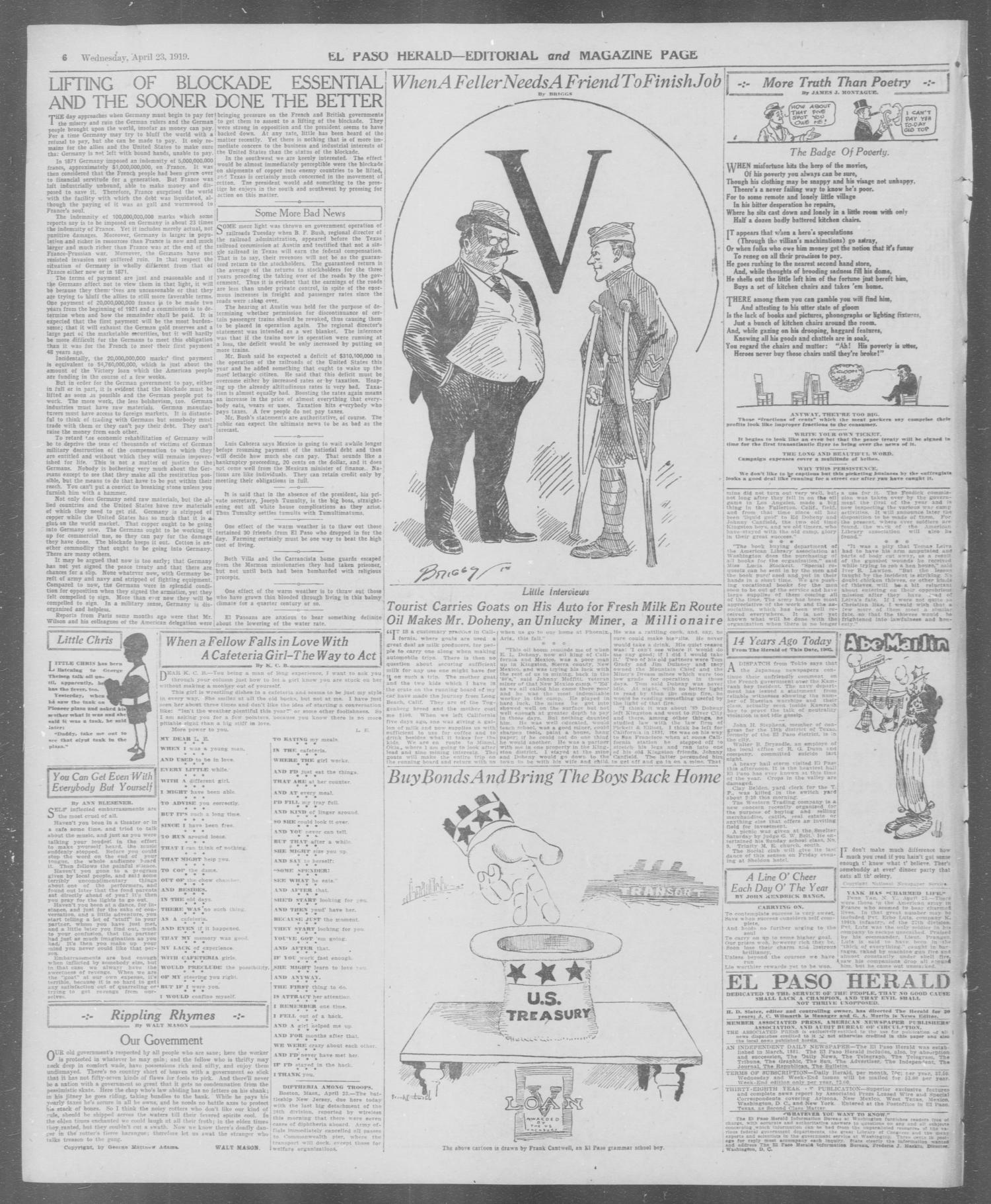 El Paso Herald (El Paso, Tex.), Ed. 1, Wednesday, April 23, 1919
                                                
                                                    [Sequence #]: 6 of 16
                                                