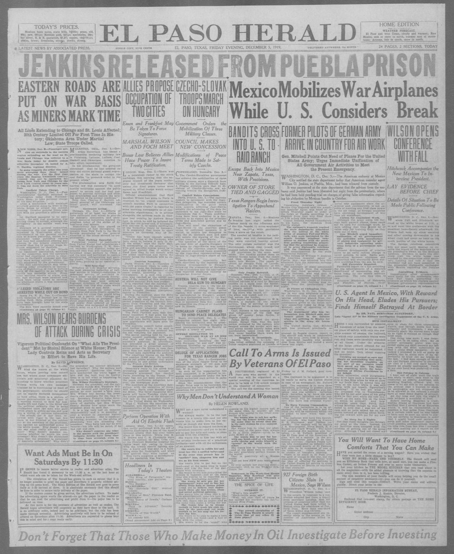 El Paso Herald (El Paso, Tex.), Ed. 1, Friday, December 5, 1919
                                                
                                                    [Sequence #]: 1 of 24
                                                