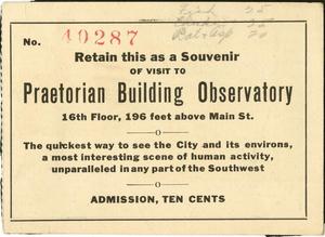 Primary view of object titled '[Admission ticket to the Praetorian Building Observatory]'.