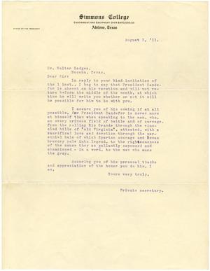 [Letter from the Private Secretary for President Sandefer, Simmons College to Walter Hodges - August 3, 1911]