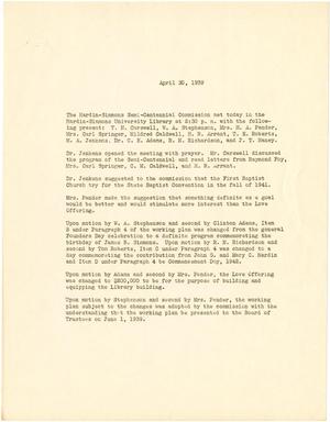 [Meeting minutes for the Hardin-Simmons Semi-Centennial Commission - April 30, 1939]