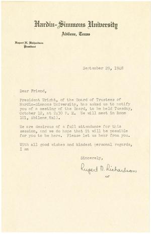 [Form letter from Rupert N. Richardson - September 29, 1948]