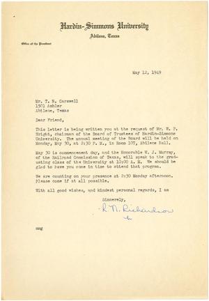 Primary view of object titled '[Letter from Rupert N. Richardson to T. N. Carswell - May 12, 1949]'.
