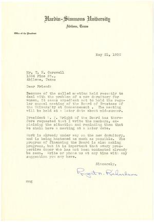[Letter from Rupert N. Richardson to T. N. Carswell - May 21, 1952]
