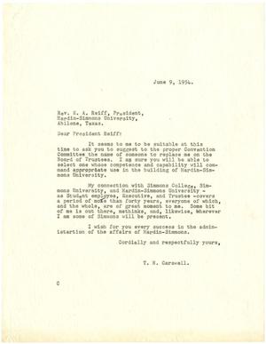 [Letter from T. N. Carswell to Evan Allard Reiff - June 9, 1954]