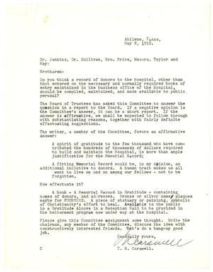 Primary view of object titled '[Letter from T. N. Carswell to Dr. Jenkins, Dr. Sullivan, Bro. Price, Messrs. Taylor and May - May 8, 1952]'.