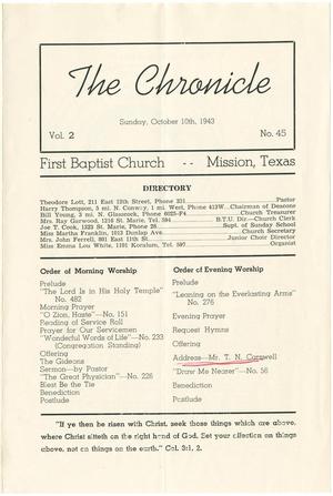 Primary view of object titled '[The Chronicle - First Baptist Church, Mission, Texas bulletin, Vol. 2, No. 45, October 10, 1943]'.