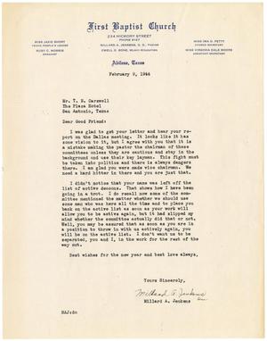 [Letter from Millard A. Jenkens to T. N. Carswell - February 9, 1944]