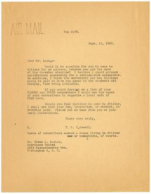 [Letter from T. N. Carswell to Glenn L. Archer - September 15, 1960]