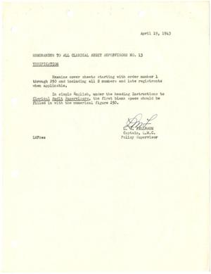 Primary view of object titled '[Memorandum to All Clerical Audit Supervisors from Major L. M. Fellbaum - April 19, 1943]'.