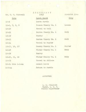 Primary view of object titled '[Selective Service System Itinerary for T. N. Carswell - December 1943-January 1944]'.