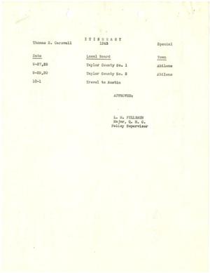 [Selective Service System Itinerary for T. N. Carswell - September-October, 1943]