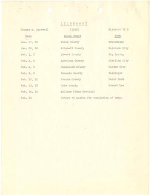 Primary view of object titled '[Selective Service System Itinerary for T. N. Carswell - January - February 1943]'.
