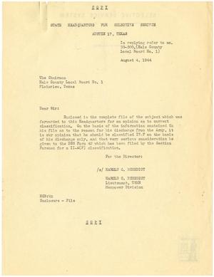 [Letter from Lieutenant Harold C. Benedict to The Chairman, Hale County Local Board No. 1 - August 4, 1944]