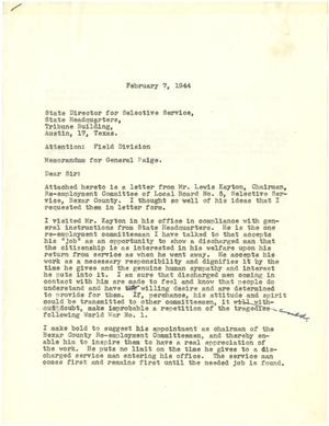 [Letter from T. N. Carswell to General Page, State Director for Selective Service, Texas - February 7, 1944]