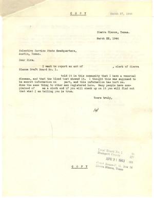 Primary view of object titled '[Letter to Selective Service Texas State Headquarters - March 22, 1944]'.