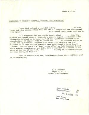Primary view of object titled '[Memorandum from Major L. M. Fellbaum to T. N. Carswell - March 27, 1944]'.