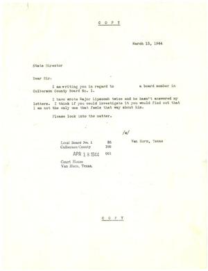 Primary view of object titled '[Letter Pertaining to Major John W. Lipscomb - March 13, 1944]'.