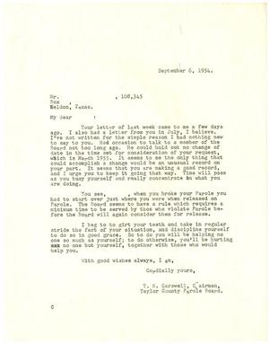 [Letter from T. N. Carswell to parolee/inmate - September 6, 1954]